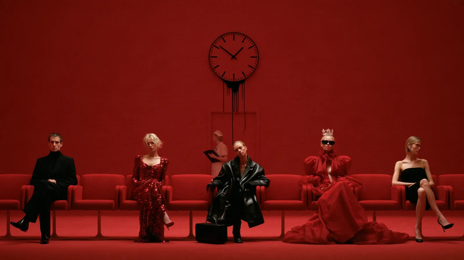 Five figures waiting in a red room beneath a melting clock